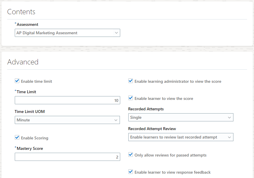 Configure Assessment in Oracle Learning Cloud